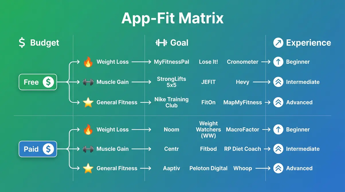 App-Fit Matrix infographic showing budget, goal, and experience level decision framework for home workout apps