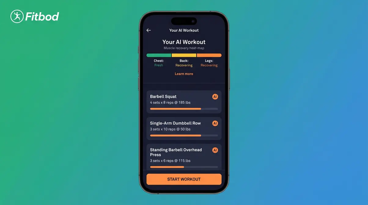 Fitbod AI app screen displaying personalised strength training workout recommendations