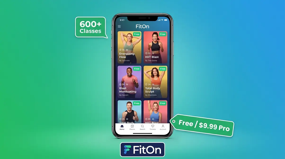 FitOn free home workout app on smartphone showing celebrity trainer class grid
