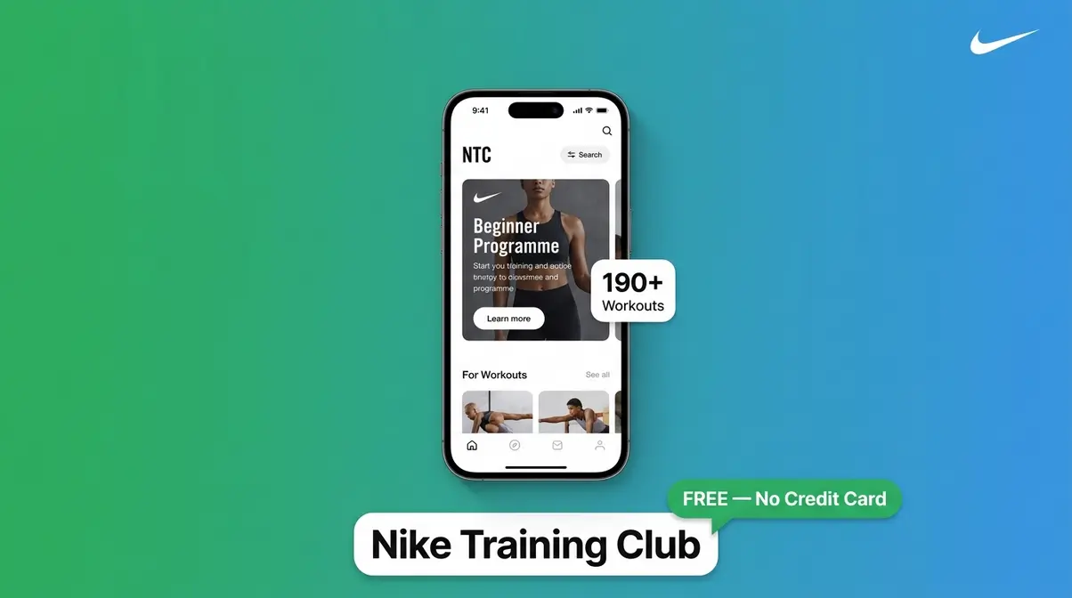 Nike Training Club free home workout app displayed on smartphone with programme dashboard