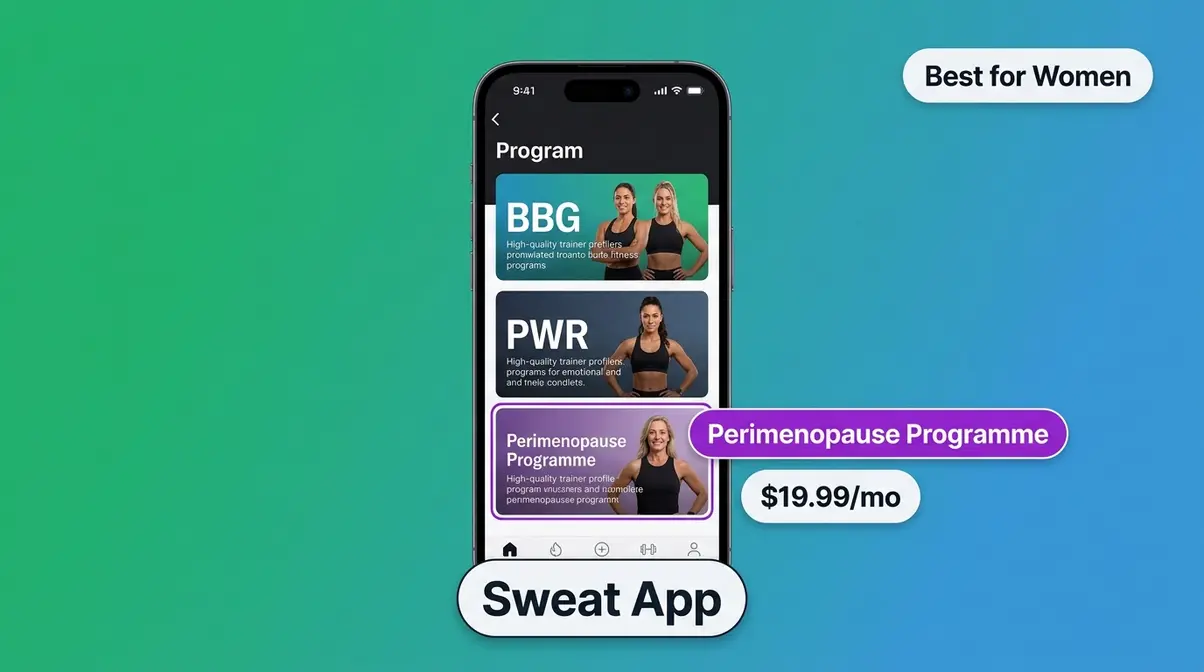 Sweat app for women displaying perimenopause programme and BBG strength options on smartphone