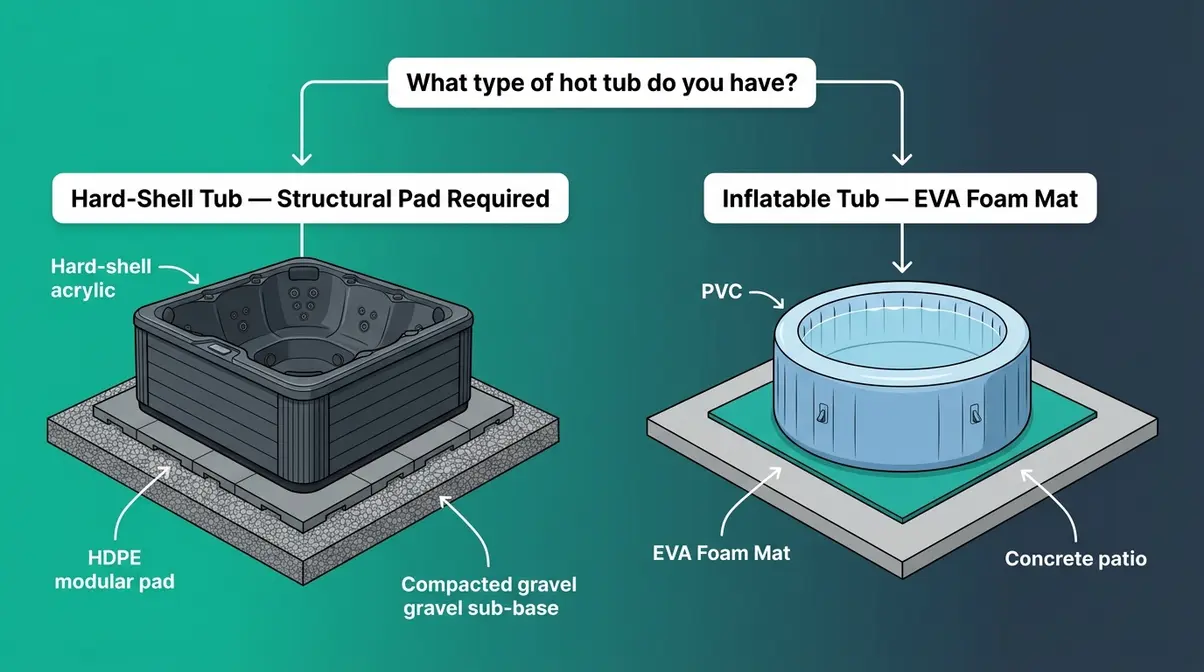 Best Hot Tub Base Pad: 10 Tested Options (2026 Guide) 21 Hot tub foundation buying guide diagram showing hard-shell tub on structural pad versus inflatable tub on EVA foam mat