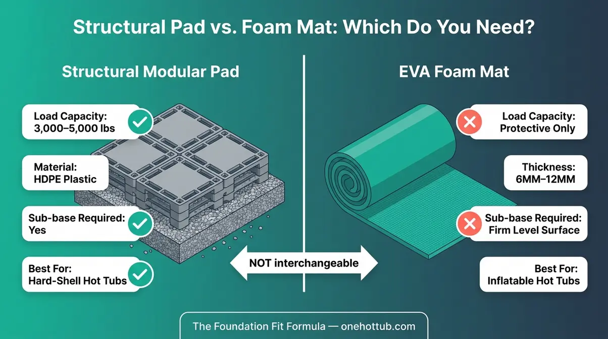 Best Hot Tub Base Pad: 10 Tested Options (2026 Guide) 22 Infographic comparing structural modular hot tub pad versus EVA foam mat with weight ratings and use cases labeled