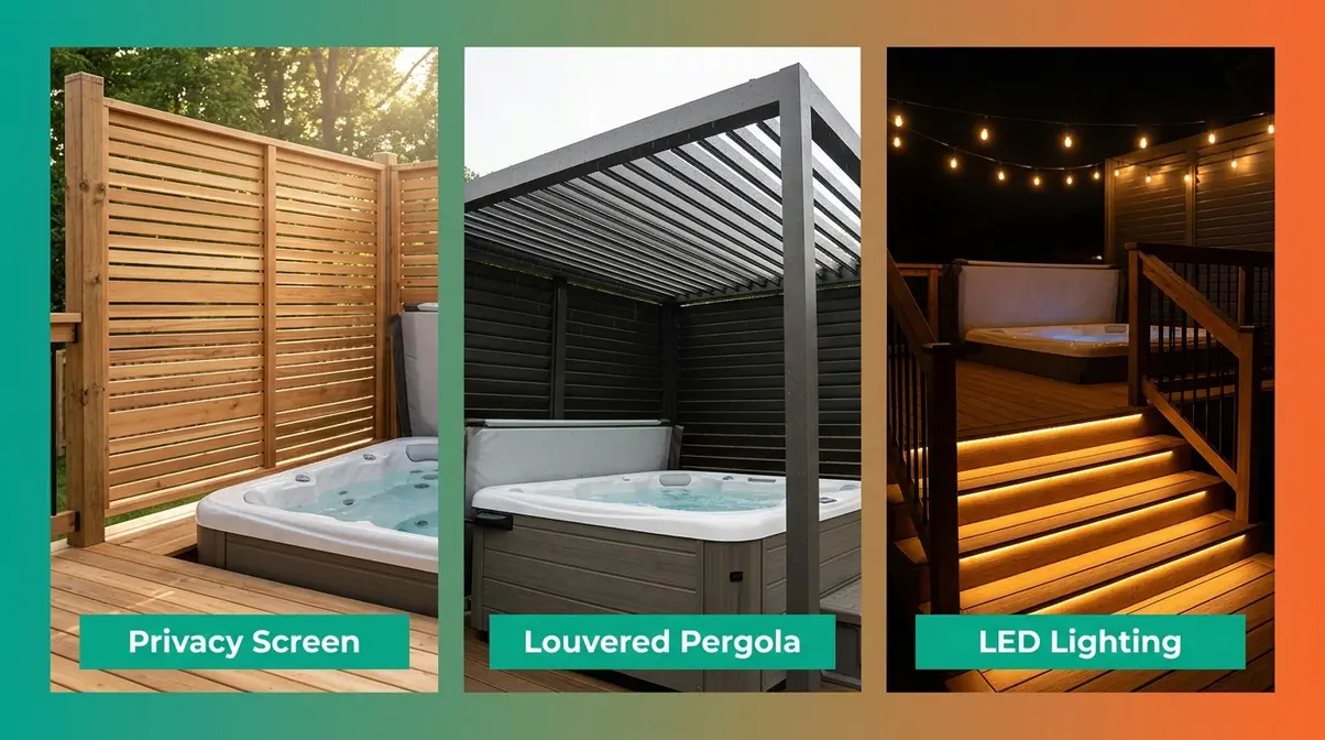 Best Hot Tub Deck Ideas: 40 Stunning Designs for 2026 16 Three hot tub deck upgrade options showing cedar privacy screen, louvered pergola, and LED step lighting