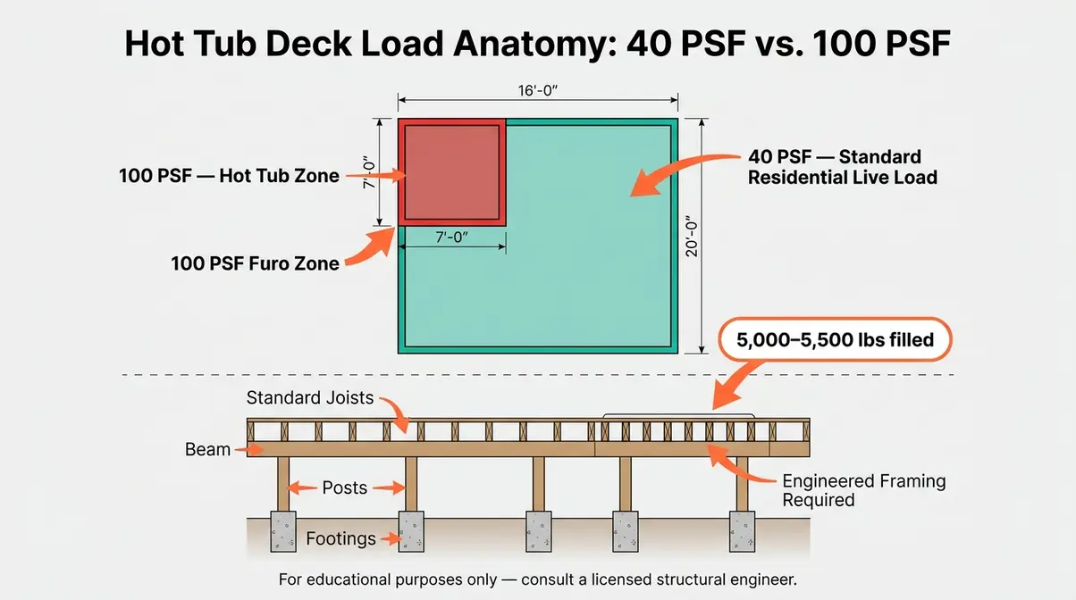 Best Hot Tub Deck Ideas: 40 Stunning Designs for 2026 19 Structural diagram comparing 40 PSF standard deck load versus 100 PSF hot tub zone requirement for safe deck design