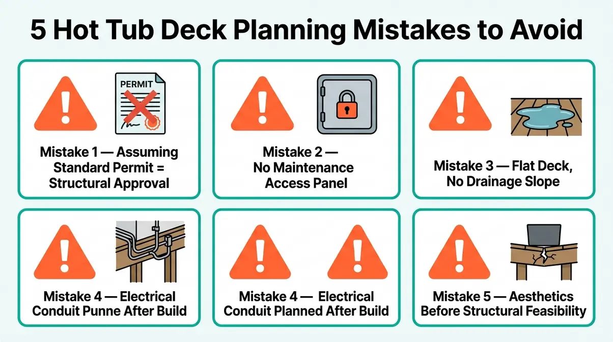 Best Hot Tub Deck Ideas: 40 Stunning Designs for 2026 20 Infographic showing five common hot tub deck planning mistakes including permit assumptions and drainage errors