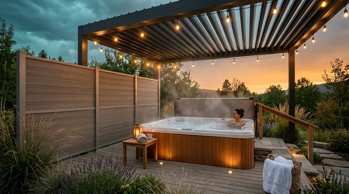 Best Hot Tub Deck Ideas: 40 Stunning Designs for 2026 18 Hot tub deck with composite privacy panel, louvered pergola, perimeter planting, and string lights for all-season use