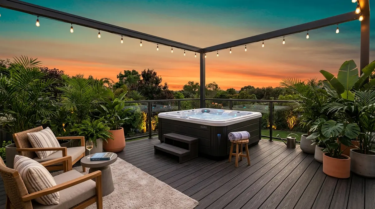 Best Hot Tub Deck Ideas: 40 Stunning Designs for 2026 1 Stylish hot tub deck with composite decking, pergola, LED lighting, and tropical plants at golden hour