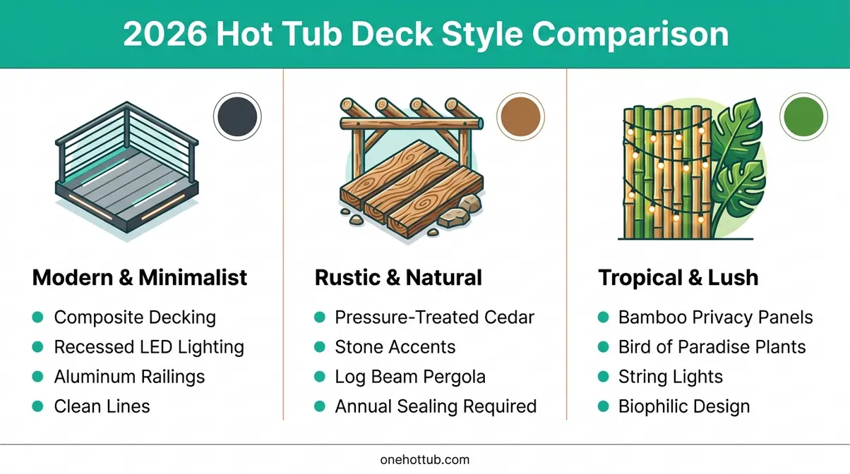 Best Hot Tub Deck Ideas: 40 Stunning Designs for 2026 12 Infographic comparing modern minimalist, rustic natural, and tropical lush hot tub deck styles for planning