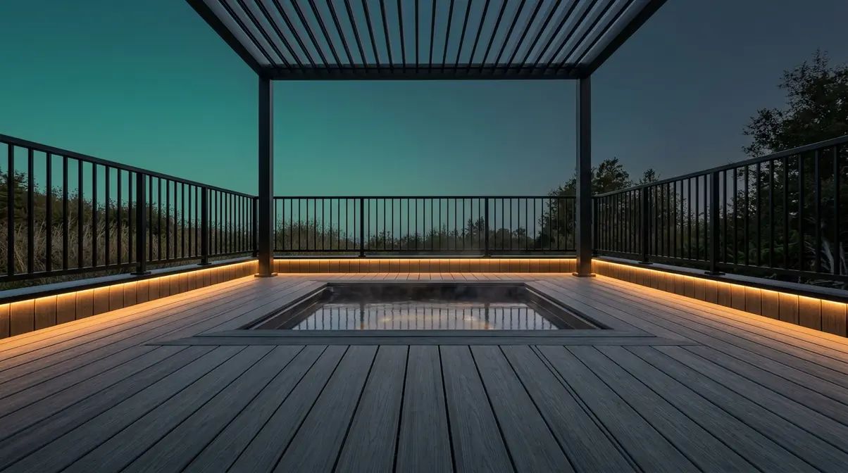 Best Hot Tub Deck Ideas: 40 Stunning Designs for 2026 13 Modern minimalist hot tub deck with charcoal composite boards, flush surround, and recessed LED lighting