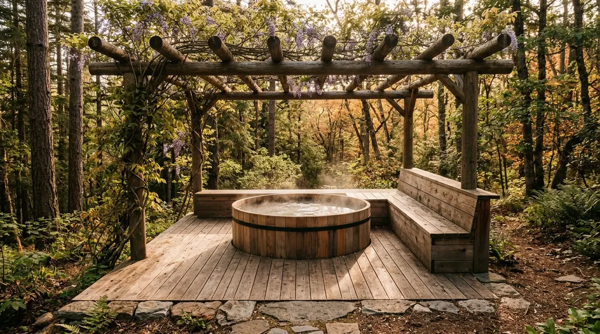 Best Hot Tub Deck Ideas: 40 Stunning Designs for 2026 14 Rustic cedar wraparound hot tub deck with log beam pergola, wisteria vines, and stone paver border