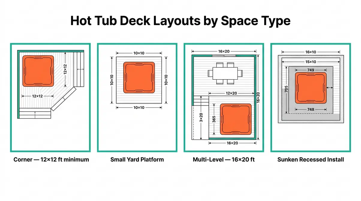 Best Hot Tub Deck Ideas: 40 Stunning Designs for 2026 11 Four hot tub deck layout diagrams showing corner, small yard, multi-level, and sunken installation options