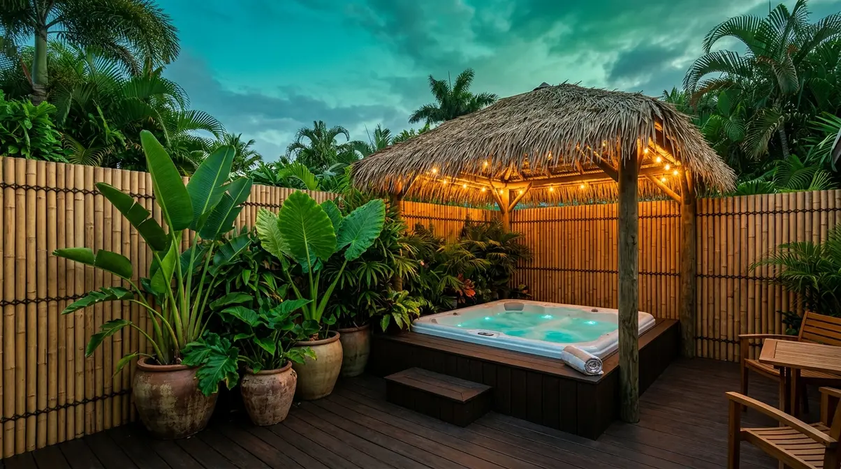 Best Hot Tub Deck Ideas: 40 Stunning Designs for 2026 15 Tropical hot tub deck with bamboo privacy panels, bird of paradise plants, and thatched tiki shelter at dusk