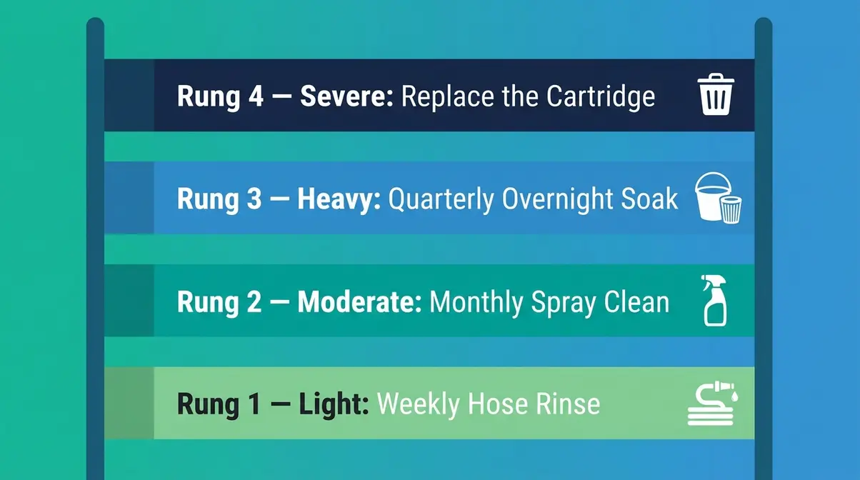 Best Hot Tub Filter Cleaner: 9 Tested Picks for 2026 11 Filter Contamination Ladder diagram showing four cleaning intensity levels from weekly rinse to filter replacement