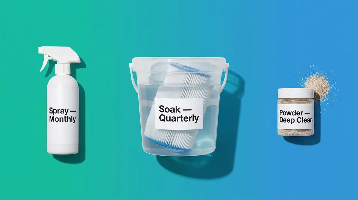 Best Hot Tub Filter Cleaner: 9 Tested Picks for 2026 10 Three hot tub filter cleaner formats compared side by side: spray bottle, soaking bucket with filter, and powder canister