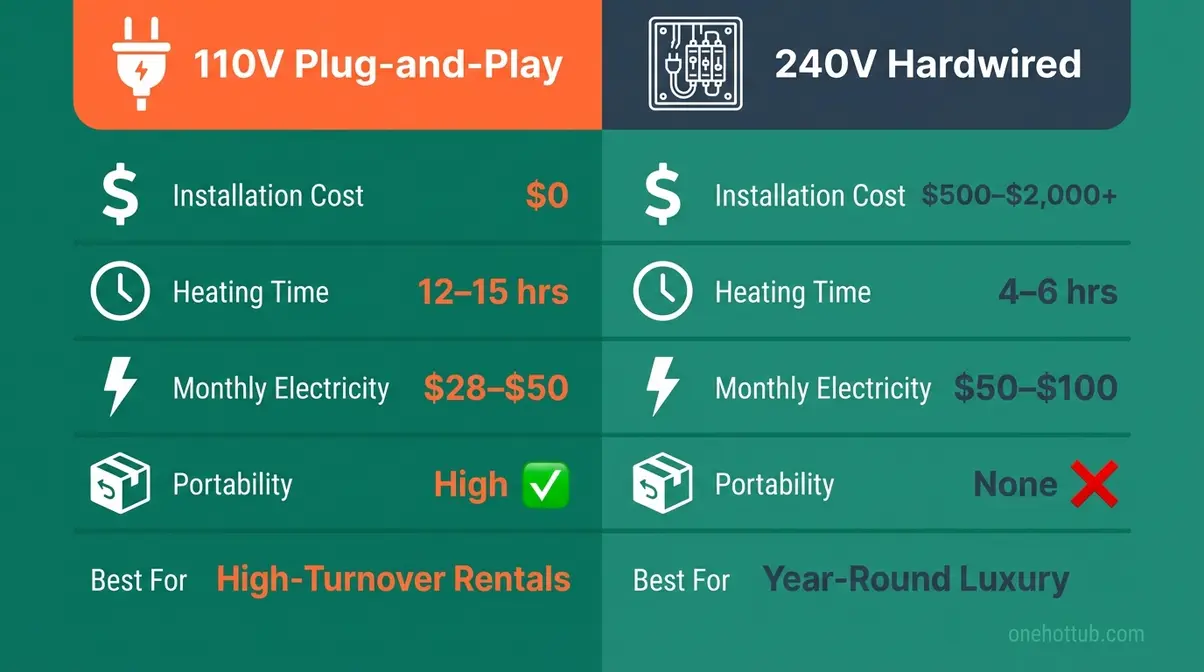 Best Hot Tub for Airbnb Rental: 10 Picks for 2026 22 Comparison chart showing 110V plug-and-play vs 240V hardwired hot tub tradeoffs for Airbnb rental properties