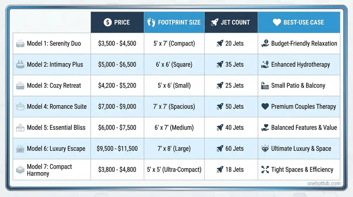 Comparison matrix showing the 7 best hot tubs for couples in the UK