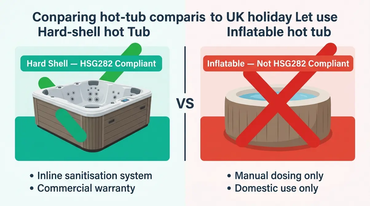 Best Hot Tub for Holiday Let UK: Top 5 HSG282 Picks 11 Hard-shell versus inflatable hot tub comparison showing HSG282 compliance status for UK holiday let use