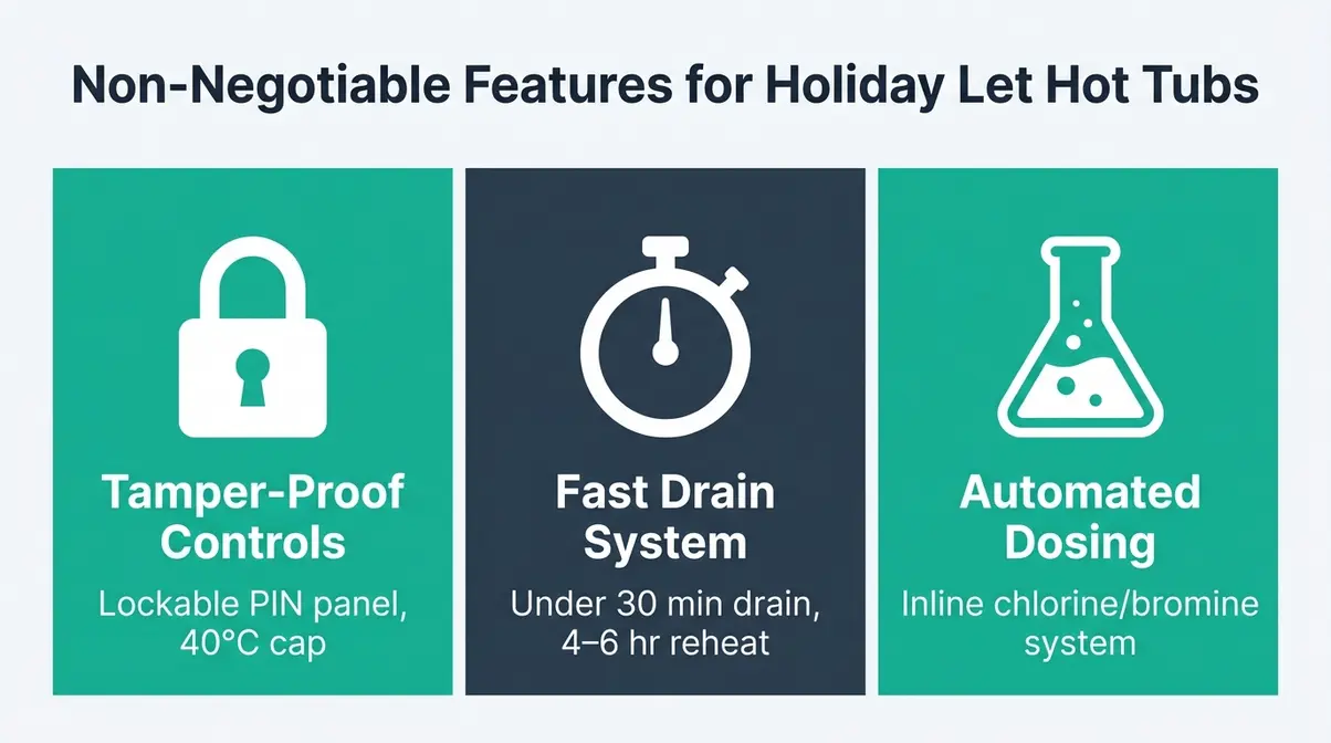 Best Hot Tub for Holiday Let UK: Top 5 HSG282 Picks 1 Three must-have features for holiday let hot tubs: tamper-proof controls, fast drain system, and automated chemical dosing