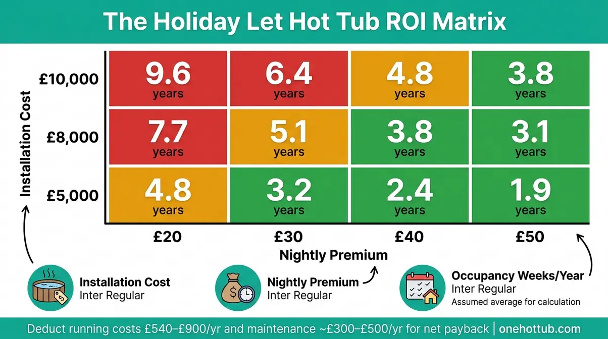Best Hot Tub for Holiday Let UK: Top 5 HSG282 Picks 10 ROI matrix chart showing hot tub payback periods for UK holiday lets at different nightly premiums and occupancy rates
