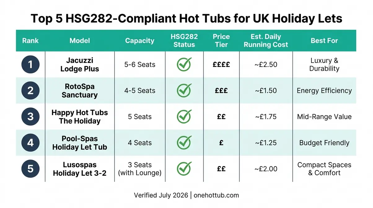 Best Hot Tub for Holiday Let UK: Top 5 HSG282 Picks 2 Comparison infographic ranking five HSG282-compliant hot tubs for UK holiday lets by capacity and running cost