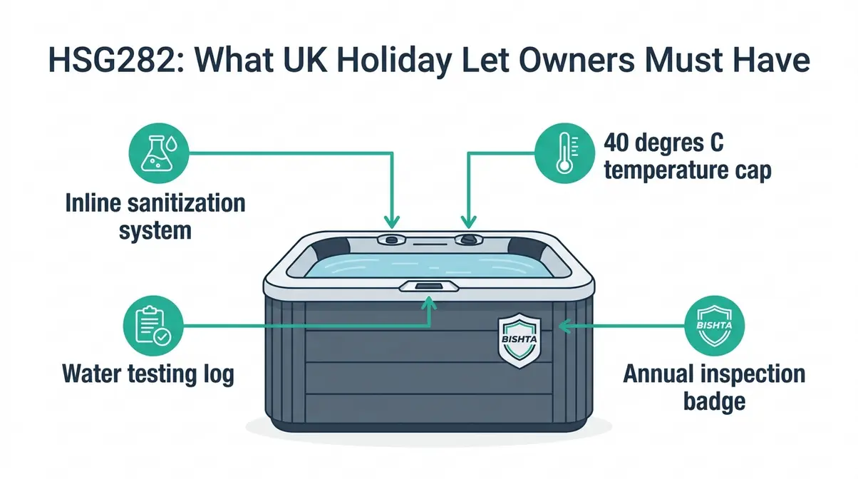 Best Hot Tub for Holiday Let UK: Top 5 HSG282 Picks 8 HSG282 compliance diagram showing four mandatory requirements for UK holiday let hot tubs including inline sanitisation and temperature limits