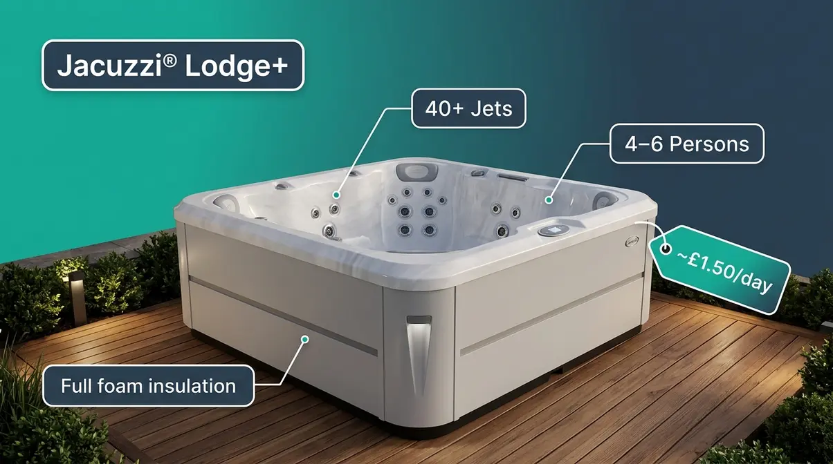 Best Hot Tub for Holiday Let UK: Top 5 HSG282 Picks 4 Jacuzzi Lodge Plus hard-shell hot tub for UK holiday let with 40 jets and HSG282 inline sanitisation
