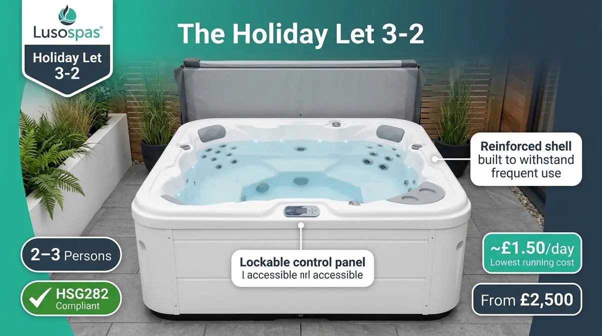 Best Hot Tub for Holiday Let UK: Top 5 HSG282 Picks 7 Lusospas The Holiday Let 3-2 compact HSG282-compliant hot tub for studio and couples-only UK holiday lets