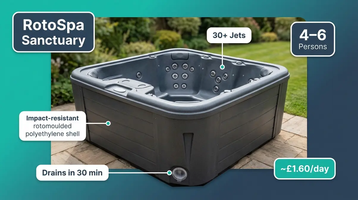 Best Hot Tub for Holiday Let UK: Top 5 HSG282 Picks 5 RotoSpa Sanctuary rotomoulded commercial hot tub with fast drain system for high-turnover UK holiday lets