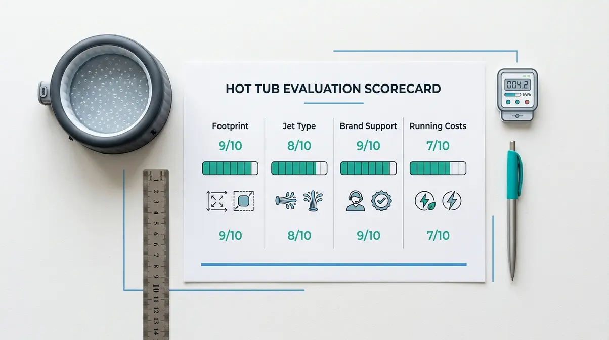 Best Hot Tubs for Small Spaces UK: 10 Ranked Picks 23 Hot tub evaluation scorecard showing footprint, jet type, brand support, and running cost ratings