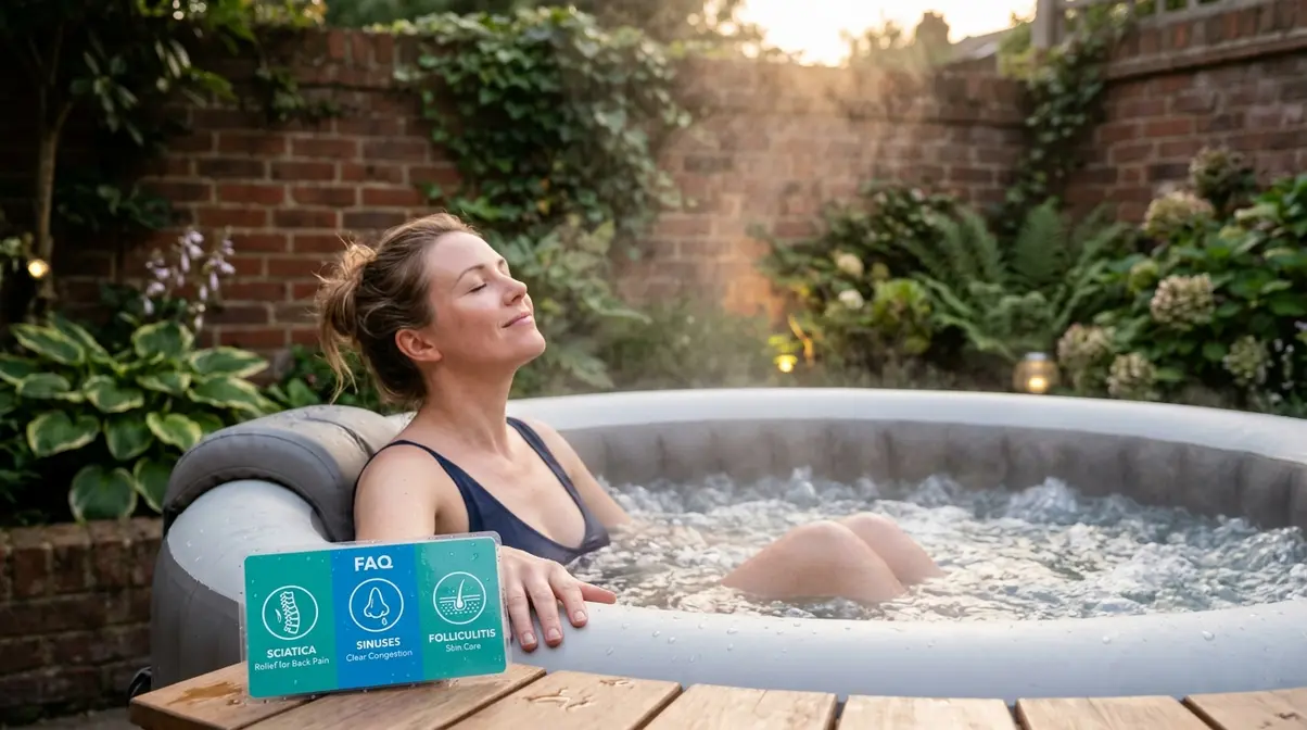 Best Hot Tubs for Small Spaces UK: 10 Ranked Picks 24 Person relaxing in compact hot tub with health FAQ icons covering sciatica, sinuses, and skin care