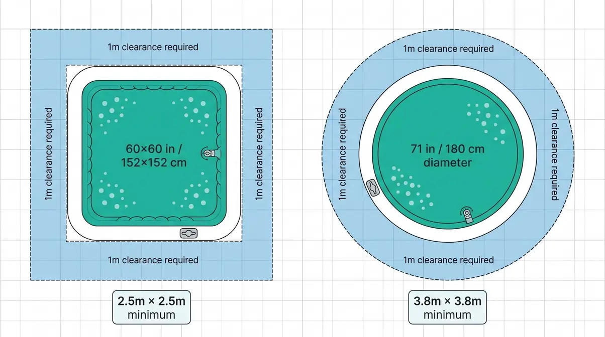 Best Hot Tubs for Small Spaces UK: 10 Ranked Picks 22 Top-down diagram showing 1-metre clearance rule around compact hot tubs for small UK gardens
