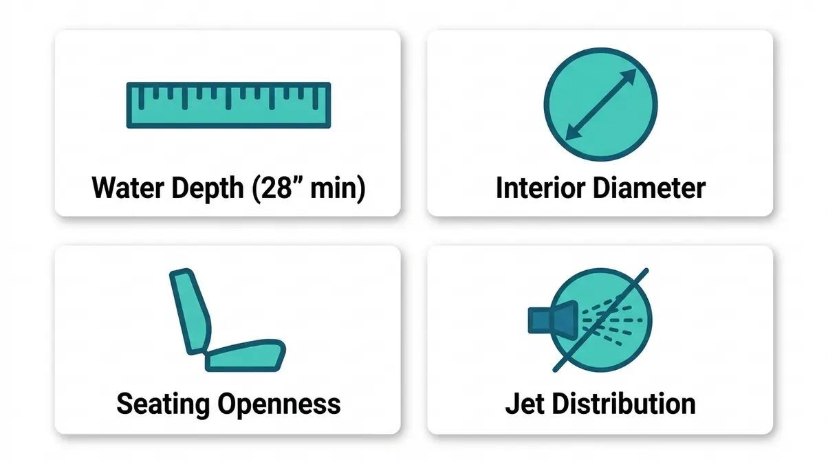 Four-criteria evaluation scorecard for hot tubs ranked by depth, diameter, seating, and jet distribution