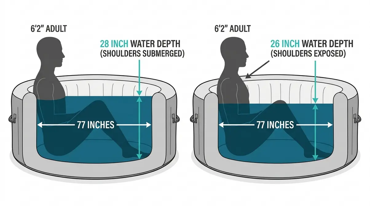 Hot tub cross-section diagram showing 28-inch depth and 77-inch interior diameter for tall people