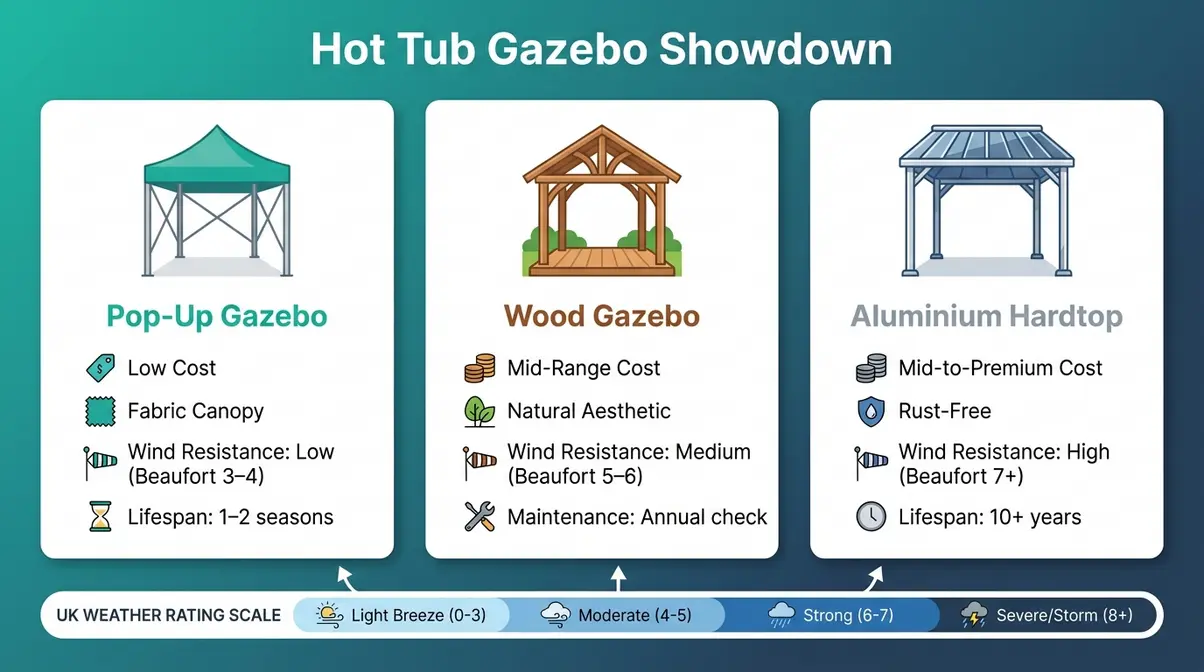Infographic comparing pop-up, wooden, and aluminium hardtop hot tub gazebos for UK gardens by weather resistance and price
