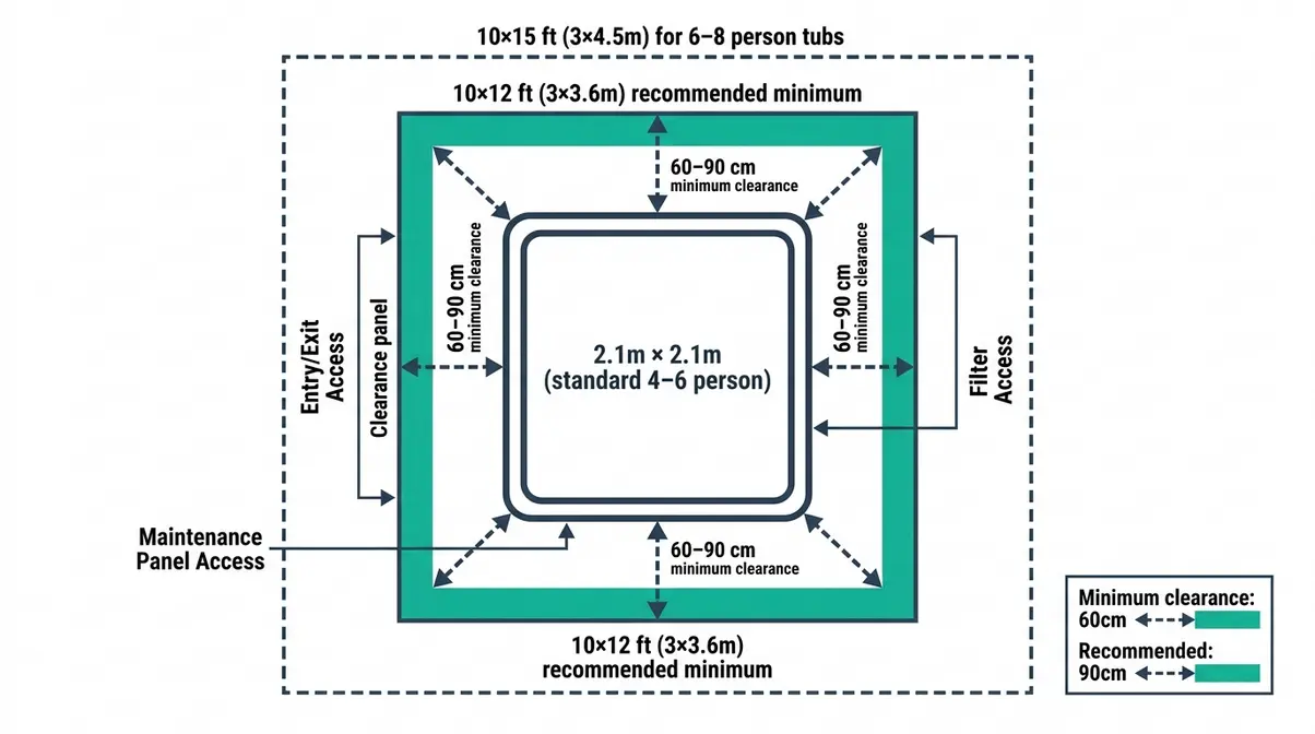 Diagram showing recommended clearance distances around a hot tub inside a gazebo for UK garden installation