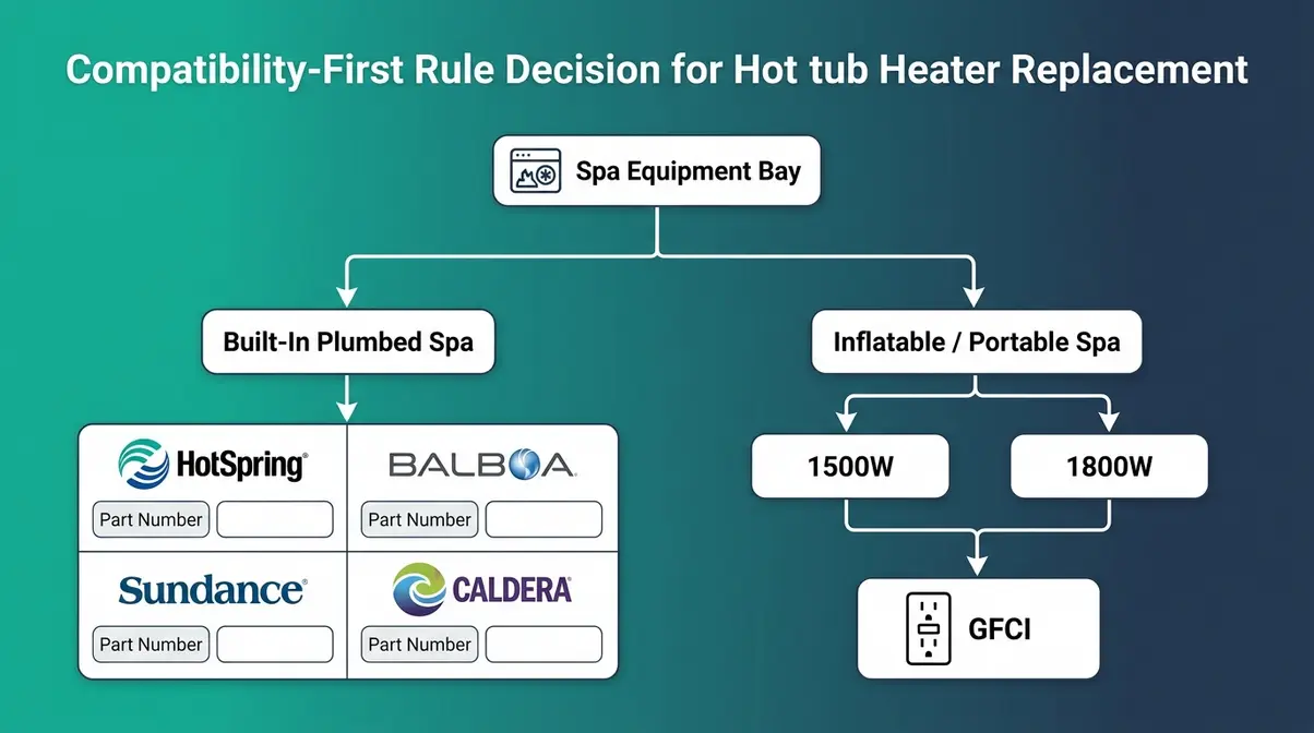 Flowchart diagram showing the compatibility-first rule for selecting the correct hot tub heater replacement by spa type