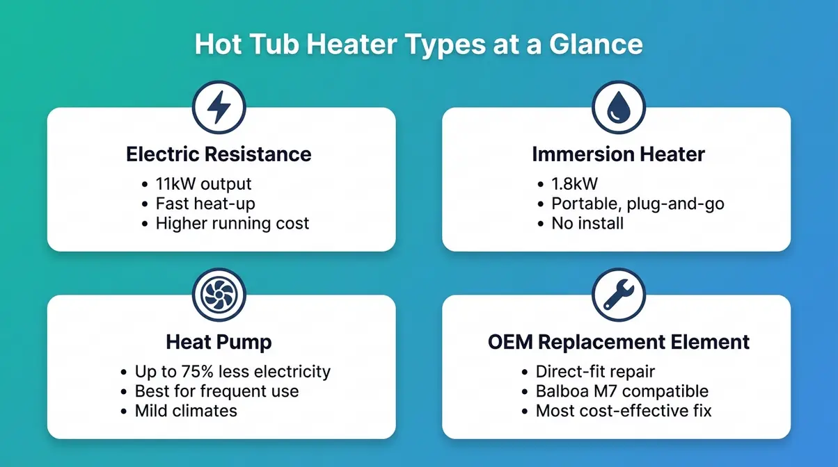 Infographic comparing electric resistance, immersion, heat pump, and OEM replacement hot tub heater types by efficiency and cost