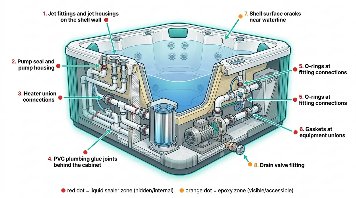 Best Hot Tub Leak Sealer 2026: 9 Tested & Compared 21 Diagram of common hot tub leak locations including jets fittings pump and plumbing connections