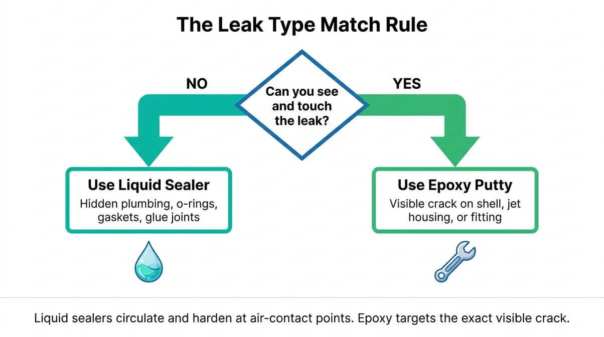 Best Hot Tub Leak Sealer 2026: 9 Tested & Compared 20 Hot tub leak sealer decision flowchart showing liquid vs epoxy choice based on leak visibility