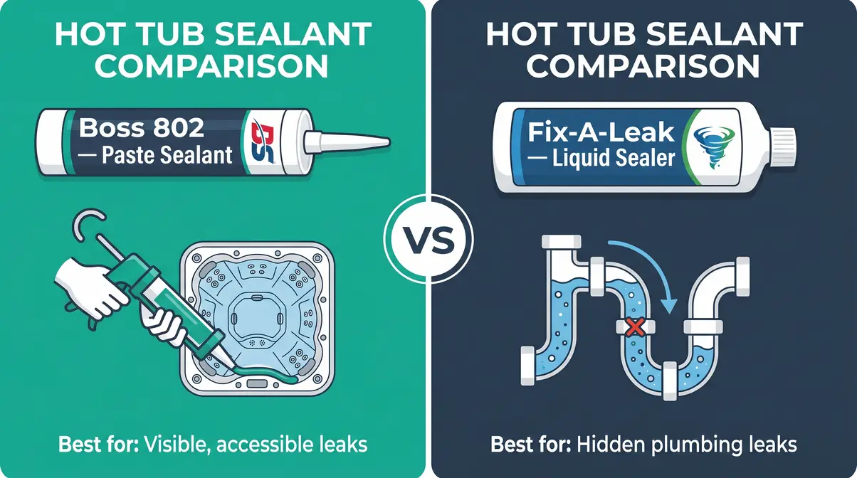 Best Hot Tub Sealant 2026: Top 5 Picks for Every Leak 5 Side-by-side comparison of Boss 802 paste sealant and Fix-A-Leak liquid sealer application methods