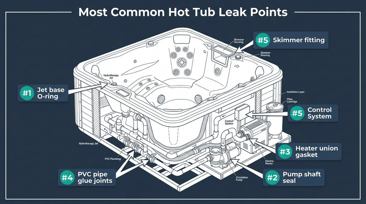 Best Hot Tub Sealant 2026: Top 5 Picks for Every Leak 3 Annotated hot tub diagram showing jet bases, pump seals, heater union gaskets, and PVC pipe joint leak points