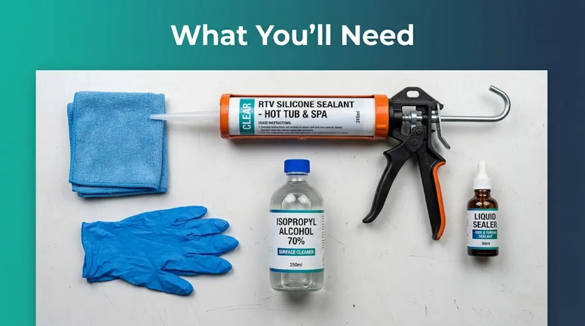 Best Hot Tub Sealant 2026: Top 5 Picks for Every Leak 1 Hot tub sealant repair tools including caulk gun, RTV silicone, isopropyl alcohol, and gloves laid flat