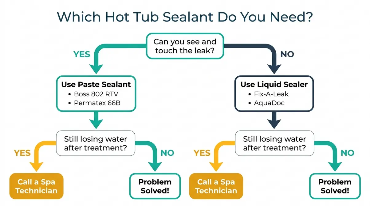 Best Hot Tub Sealant 2026: Top 5 Picks for Every Leak 9 Decision flowchart for choosing between hot tub liquid sealer and silicone paste sealant by leak location
