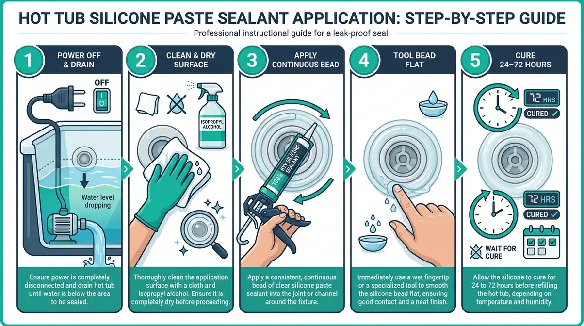 Best Hot Tub Sealant 2026: Top 5 Picks for Every Leak 7 Five-step visual guide for applying hot tub silicone paste sealant from surface prep to full cure