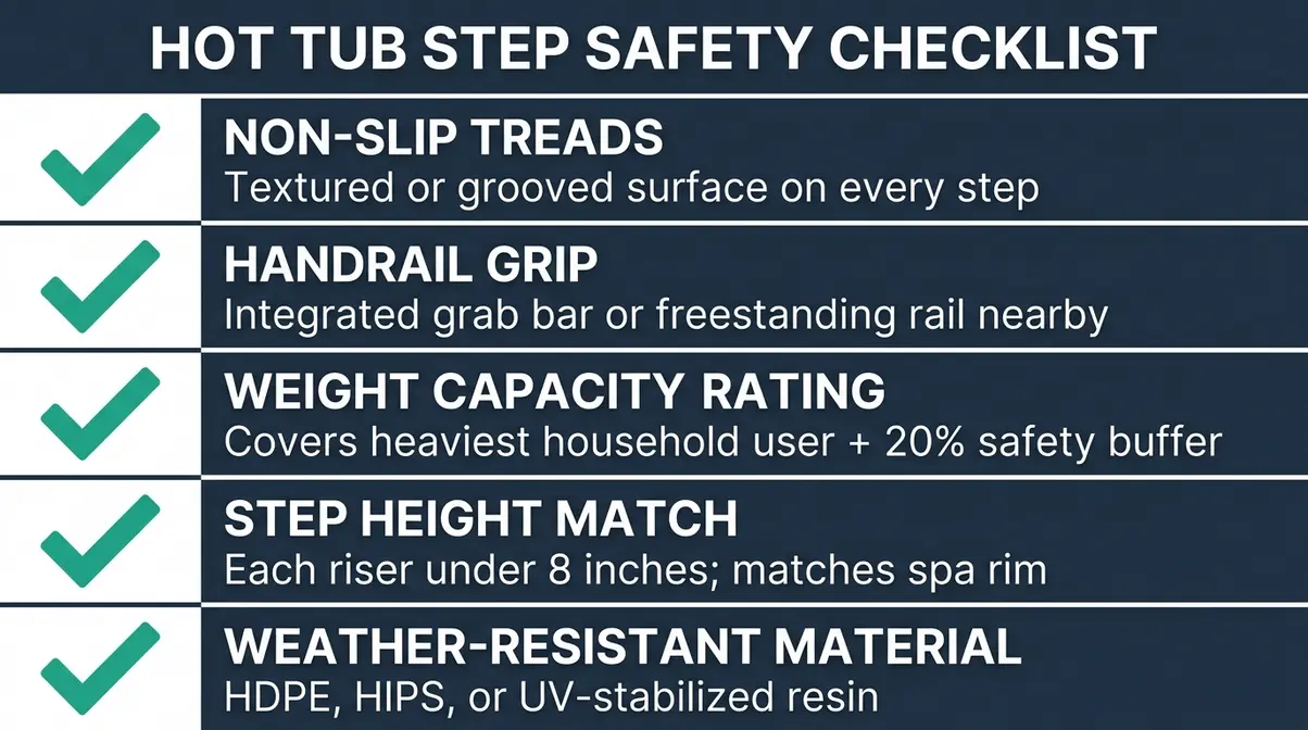 Best Hot Tub Steps 2026: 9 Expert Picks for Safety 20 Visual checklist of hot tub step safety features: non-slip treads, handrail grip, weight capacity, step height, and weather resistance