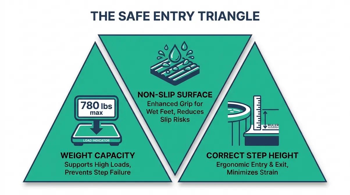 Best Hot Tub Steps 2026: 9 Expert Picks for Safety 19 Infographic showing the Safe Entry Triangle: non-slip surface, weight capacity, and correct step height for hot tub steps