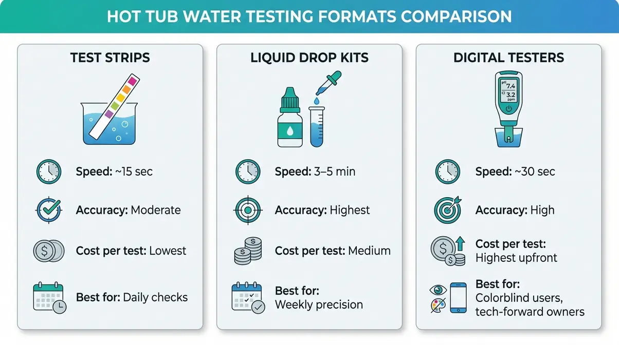 Infographic comparing hot tub water testing formats — strips, liquid kits, and digital testers — by accuracy, speed, and cost