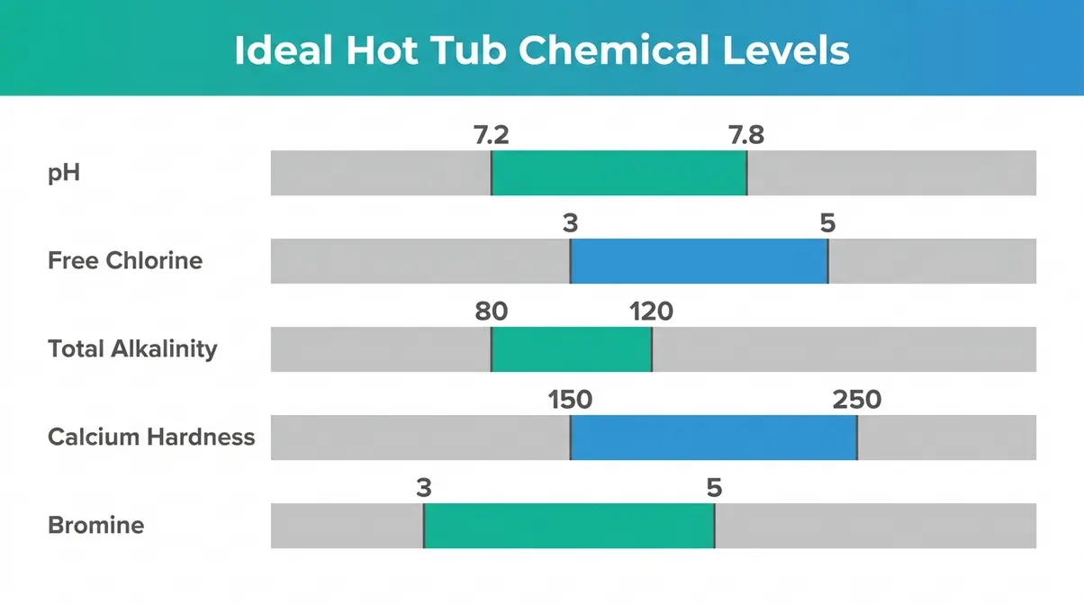 Ideal hot tub chemical levels chart showing safe ranges for pH, chlorine, bromine, alkalinity, and calcium hardness