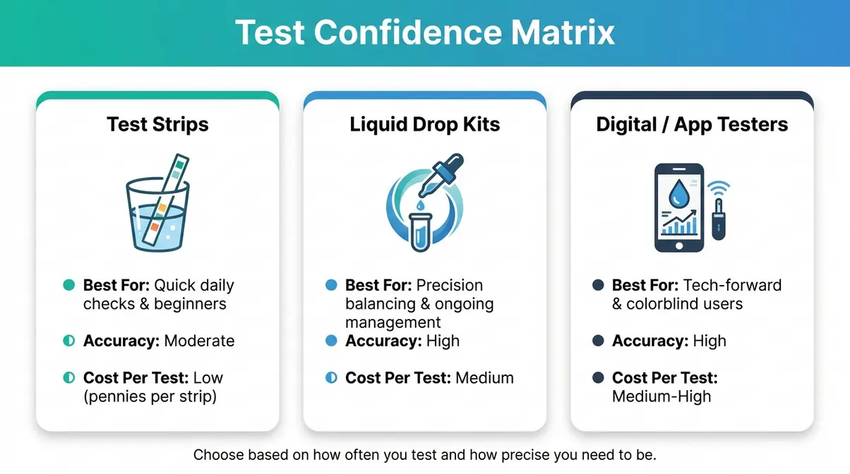 Best Hot Tub Water Testing Kits: Top Picks for 2026 21 Infographic comparing hot tub water testing kit types — strips, liquid, and digital — by accuracy and cost per test